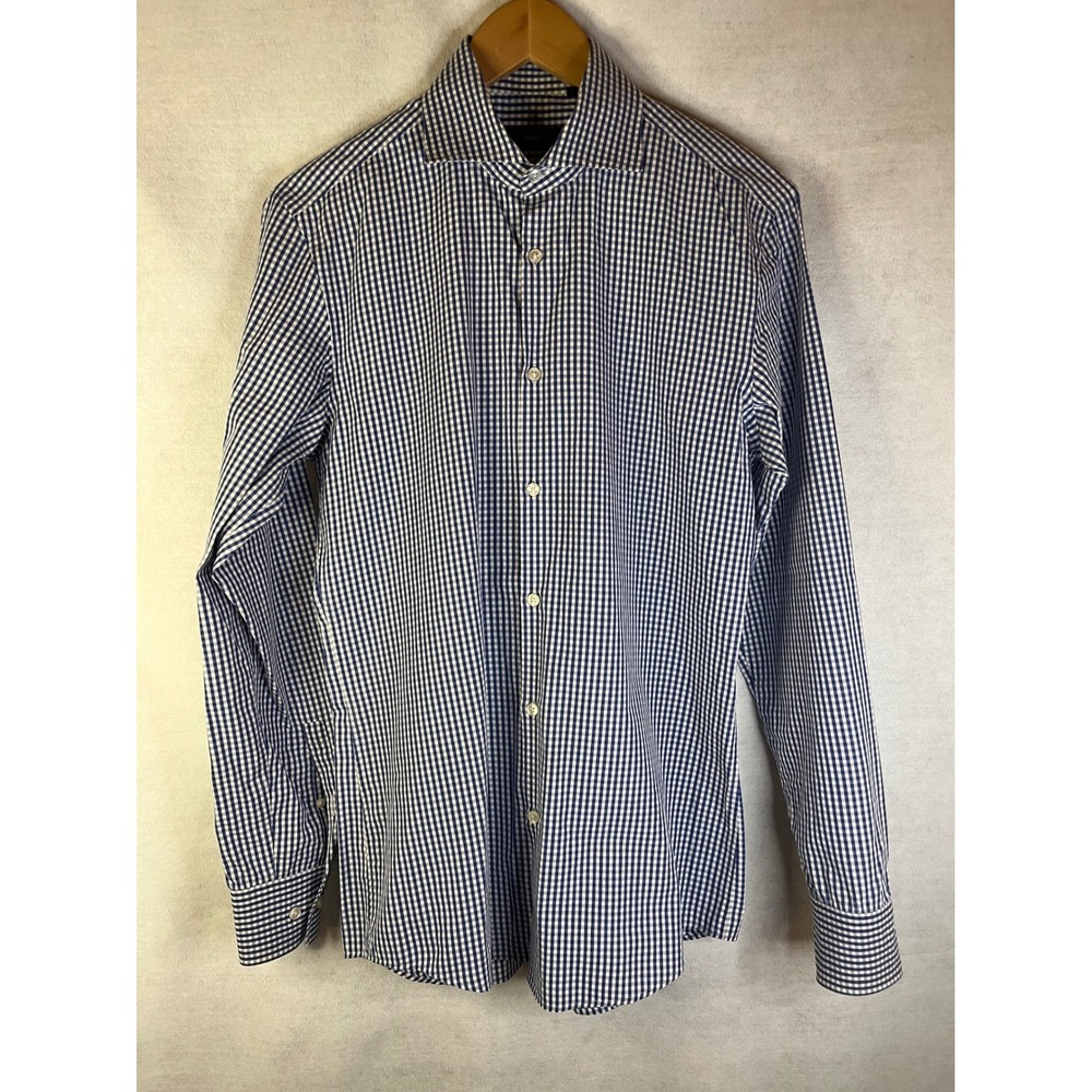BOSS by Hugo Boss men's button up shirt blue gingham check slim fit Sz 15 1/2